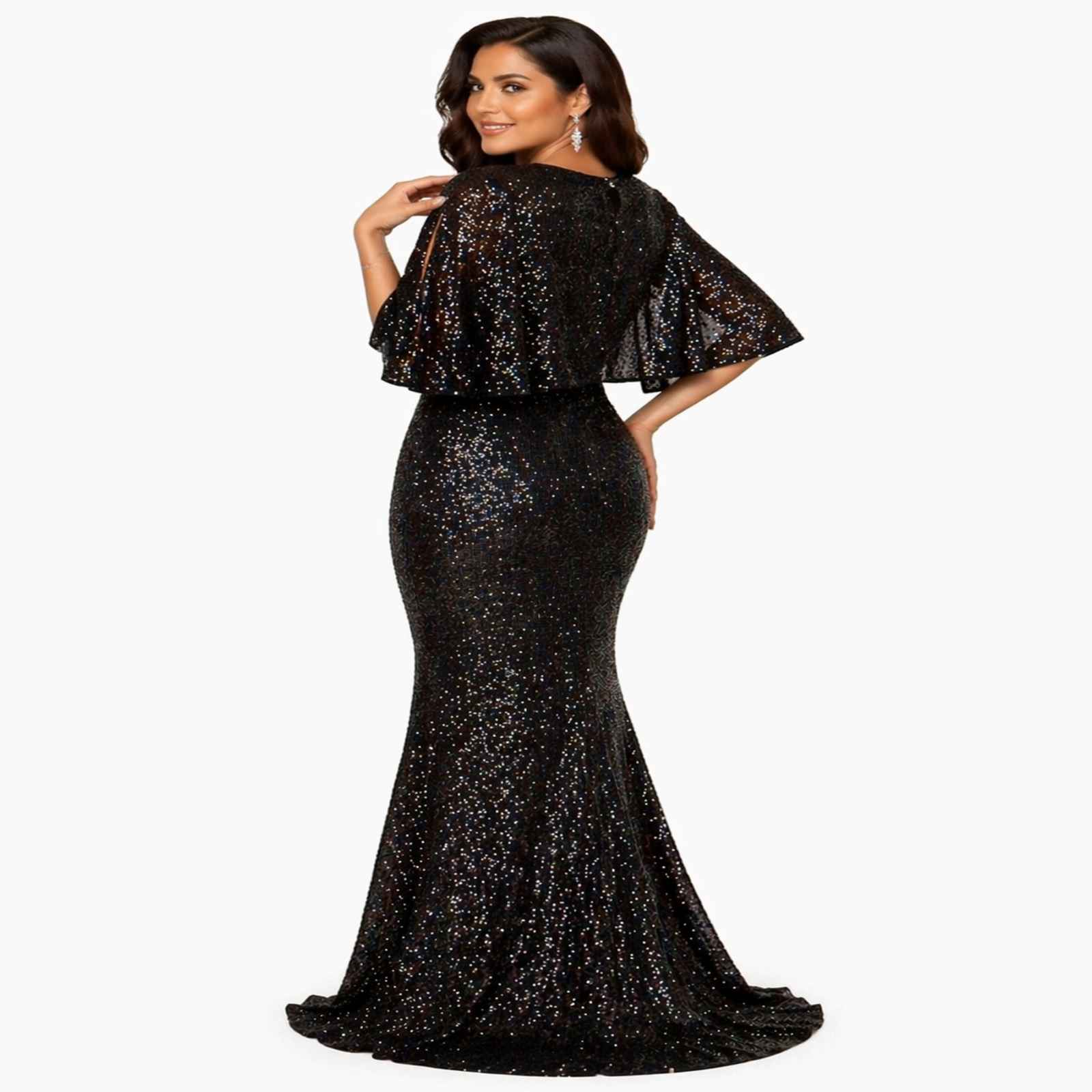 Midnight Sparkle Cape Sleeve Evening Gown