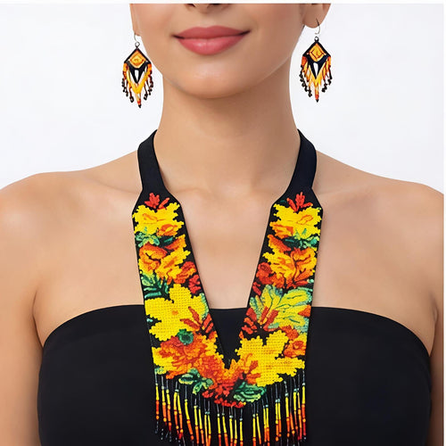 Autumn Bloom Handcrafted Floral Beaded Necklace Set