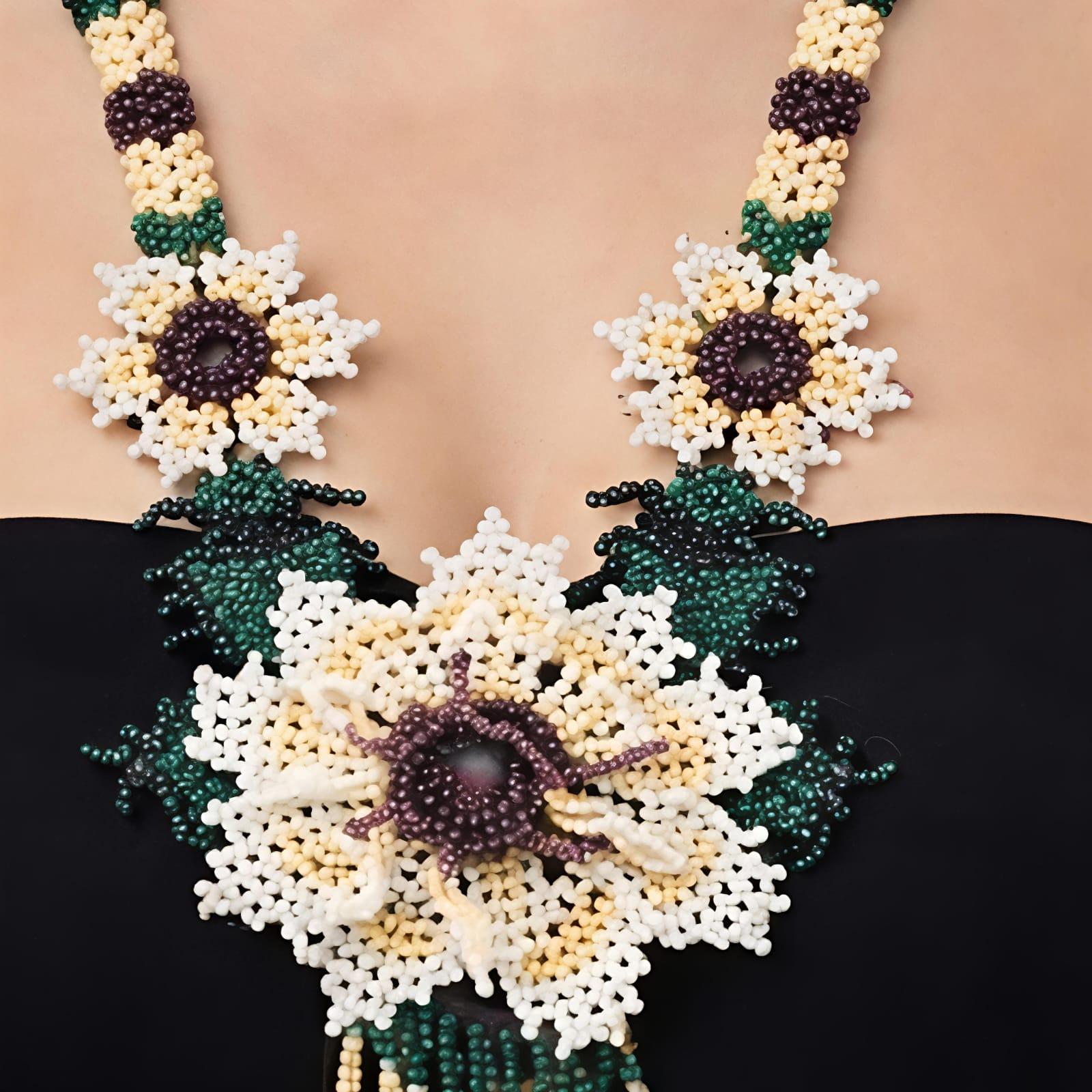 Ivory Bloom Handcrafted Floral Beaded Necklace Set