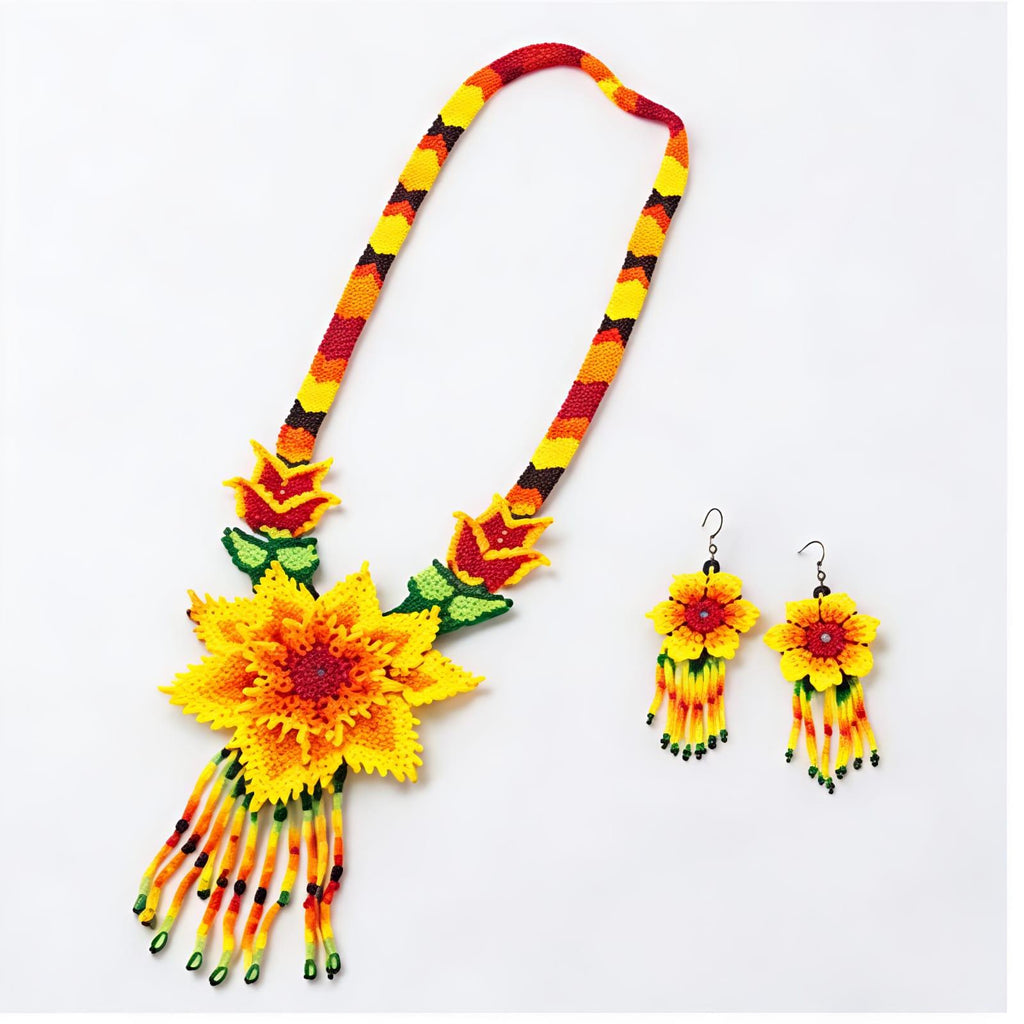 Golden Blossom Handcrafted Floral Beaded Necklace Set