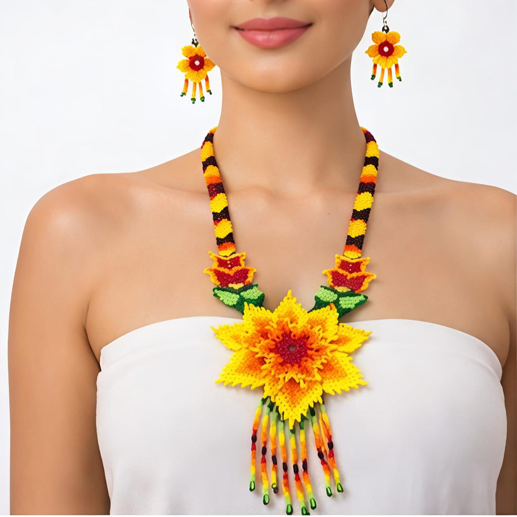 Golden Blossom Handcrafted Floral Beaded Necklace Set