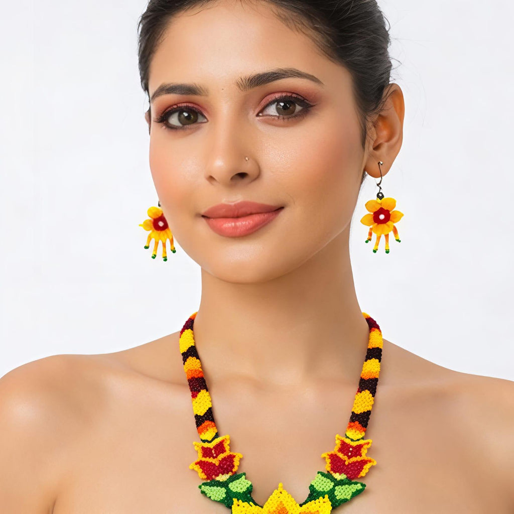 Golden Blossom Handcrafted Floral Beaded Necklace Set
