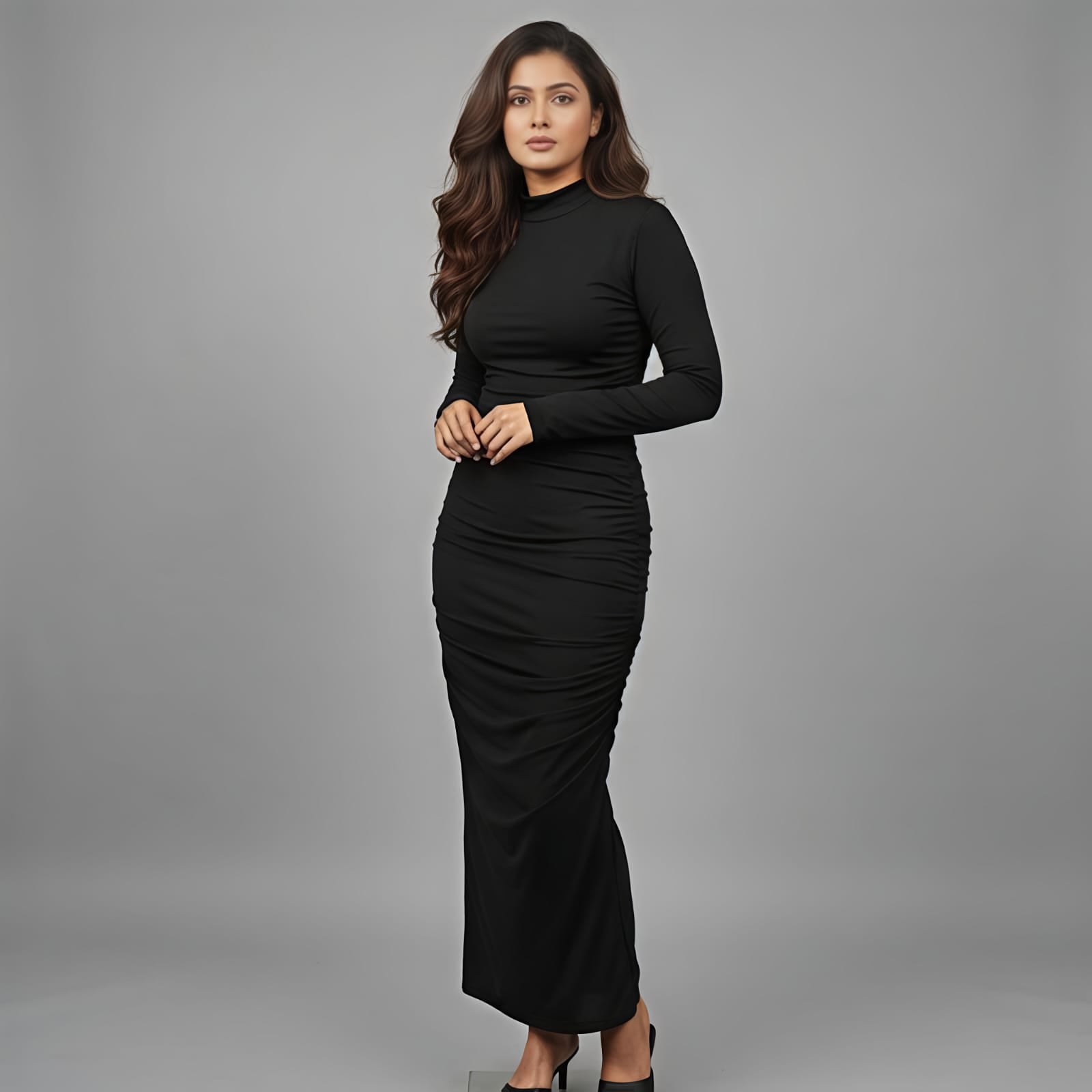Midnight Elegance Ruched Bodycon Maxi Dress
