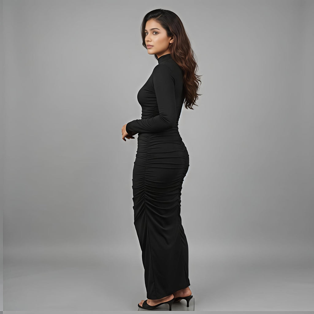 Midnight Elegance Ruched Bodycon Maxi Dress