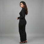 Midnight Elegance Ruched Bodycon Maxi Dress
