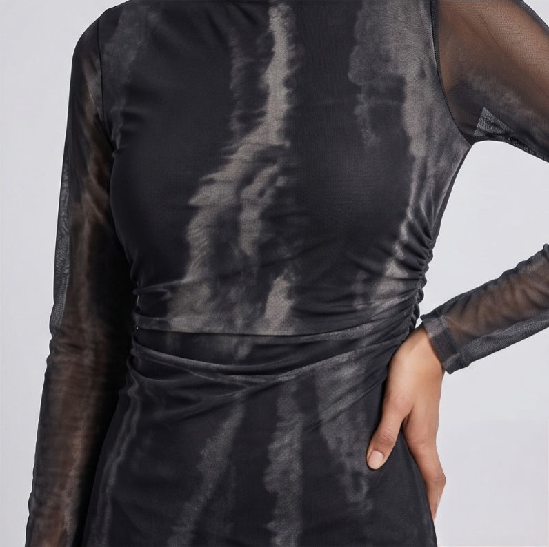 Midnight Luxe Sheer Sleeve Ruched Midi Dress