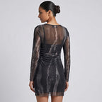 Midnight Luxe Sheer Sleeve Ruched Midi Dress