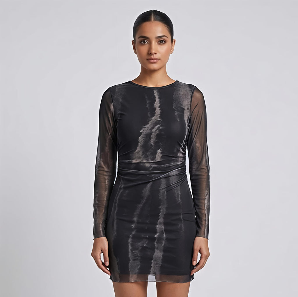 Midnight Luxe Sheer Sleeve Ruched Midi Dress