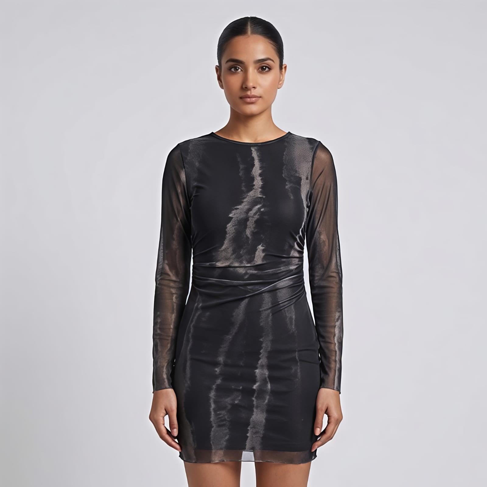 Midnight Luxe Sheer Sleeve Ruched Midi Dress