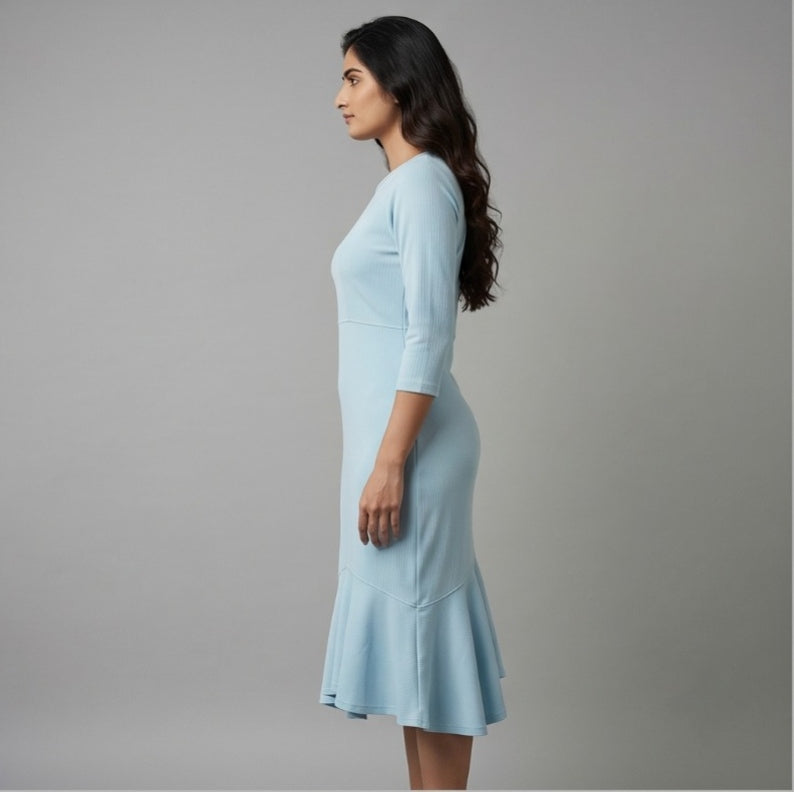 Sky Elegance Flared Hem Midi Dress