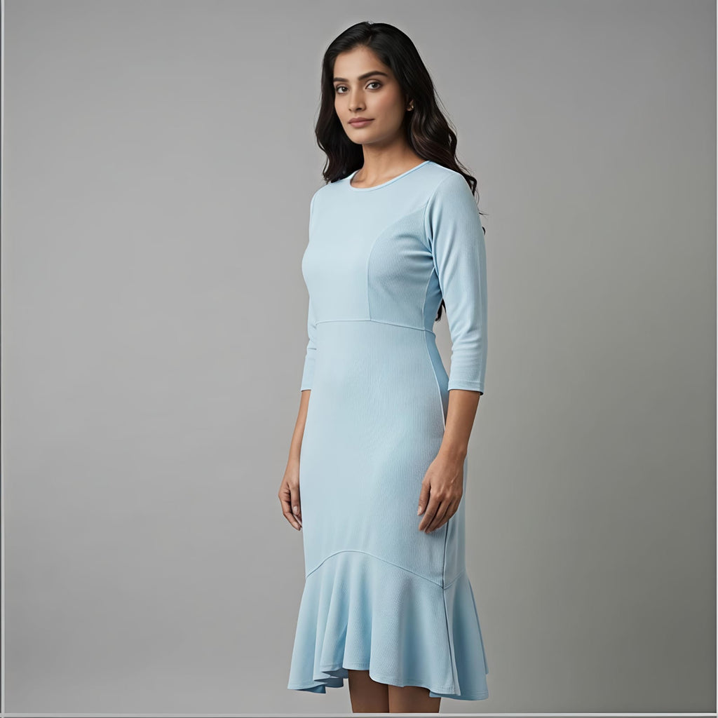 Sky Elegance Flared Hem Midi Dress