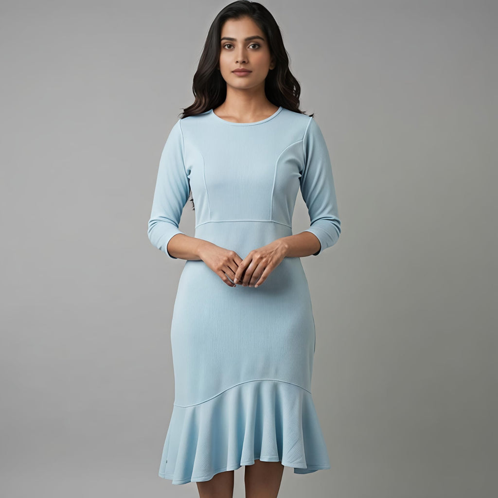 Sky Elegance Flared Hem Midi Dress