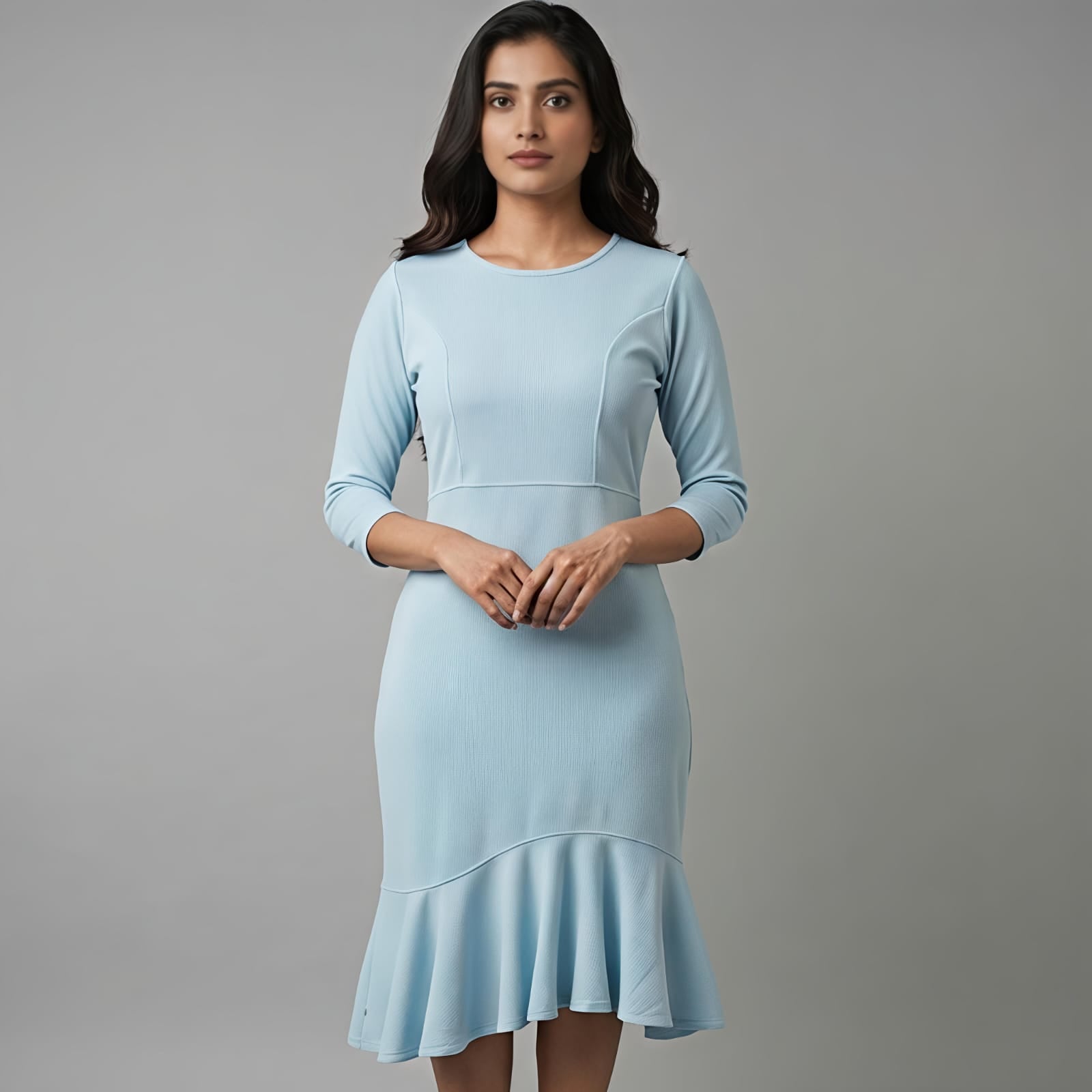 Sky Elegance Flared Hem Midi Dress