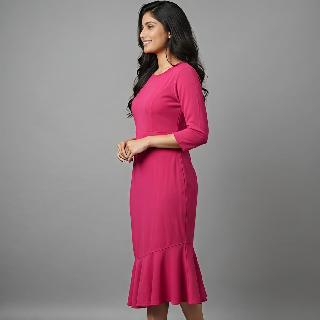Rose Pink Flared Hem Midi Dress