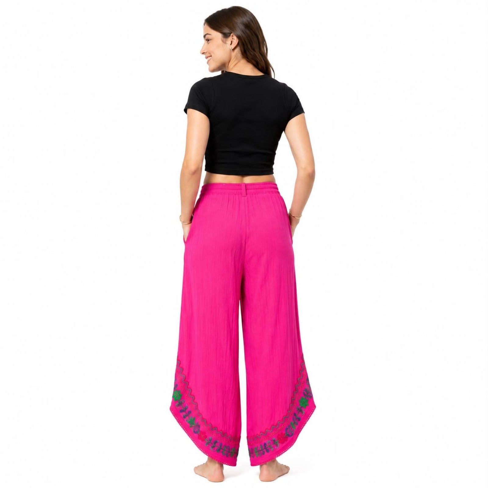 Boho Pink Embroidered Sheer Overlay Pants