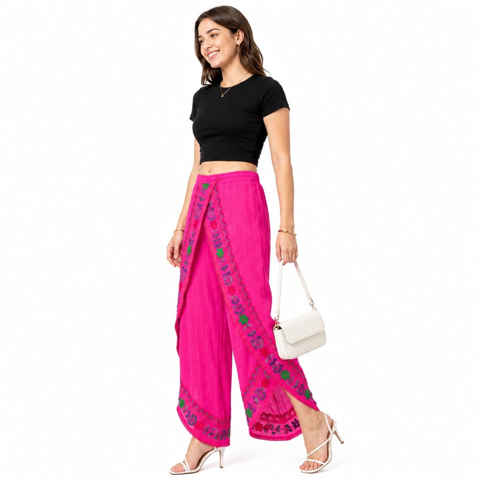 Boho Pink Embroidered Sheer Overlay Pants