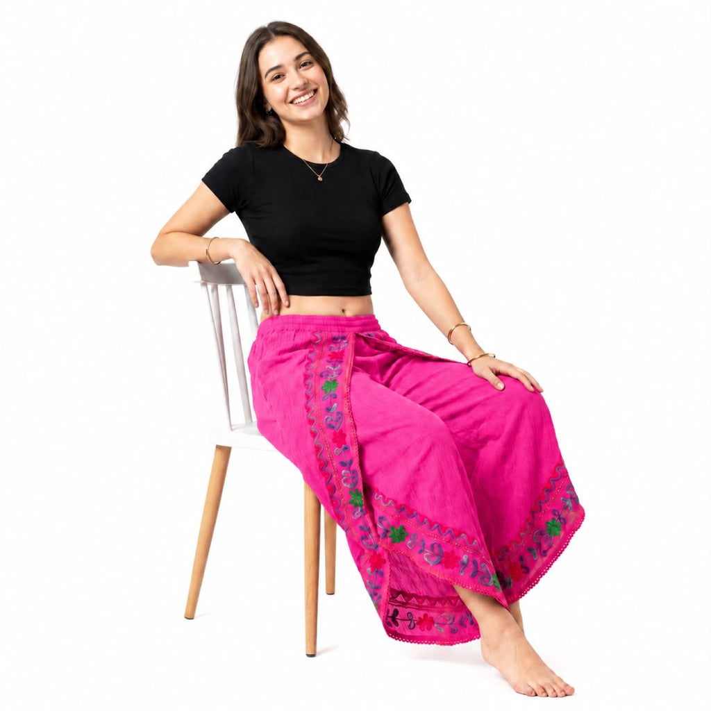 Boho Pink Embroidered Sheer Overlay Pants