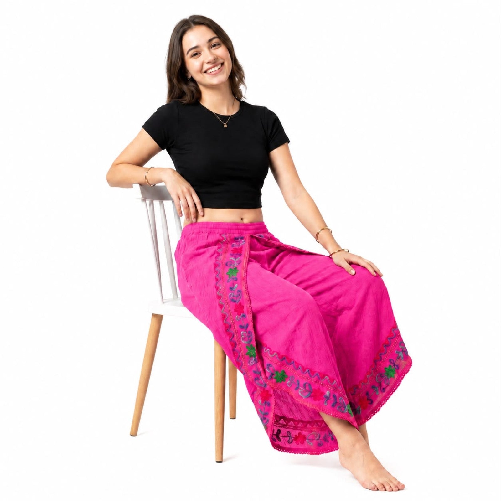 Boho Pink Embroidered Sheer Overlay Pants