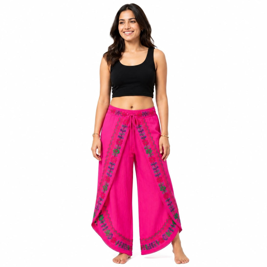 Boho Pink Embroidered Sheer Overlay Pants