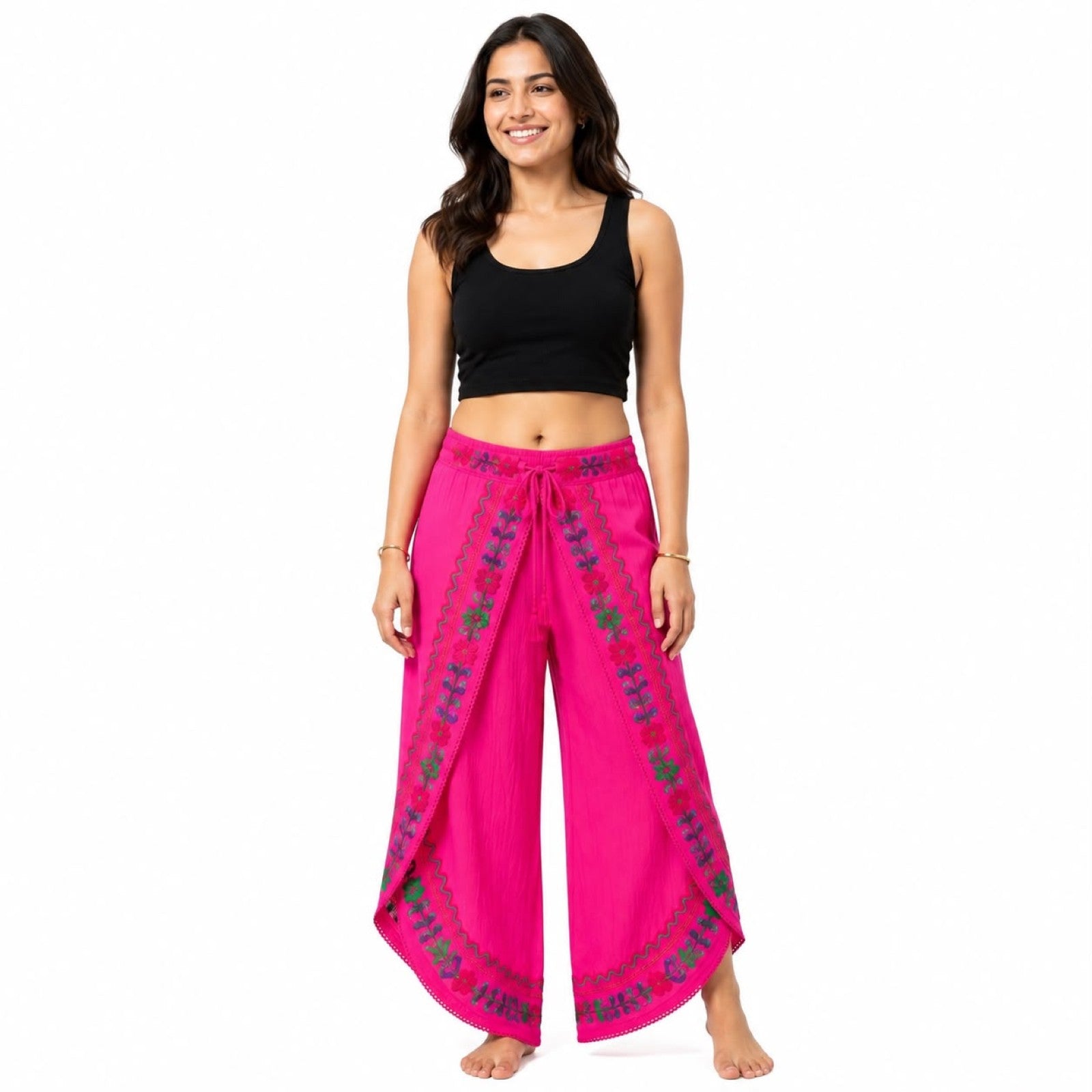 Boho Pink Embroidered Sheer Overlay Pants