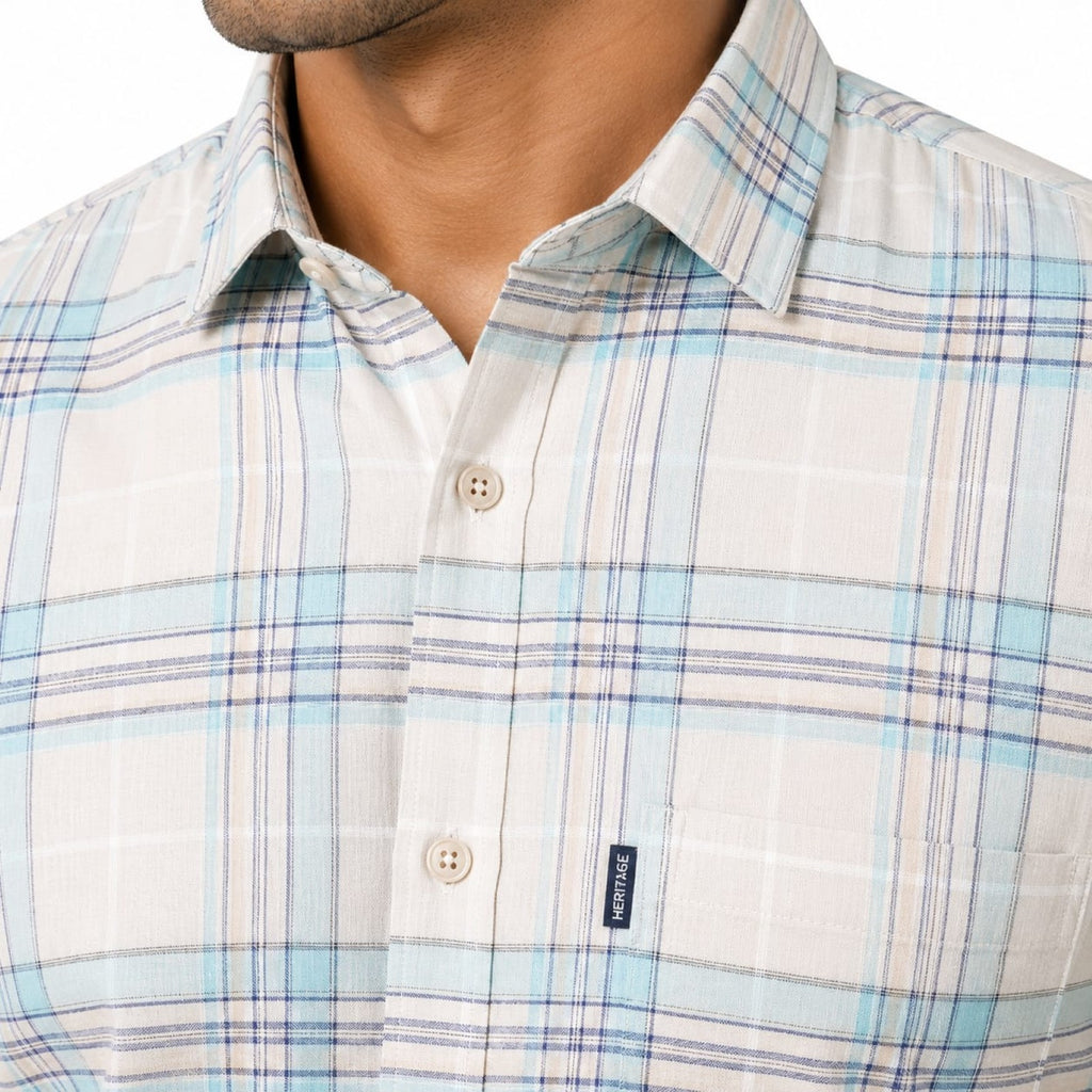 Men's White & Sky Blue Check Formal Shirt