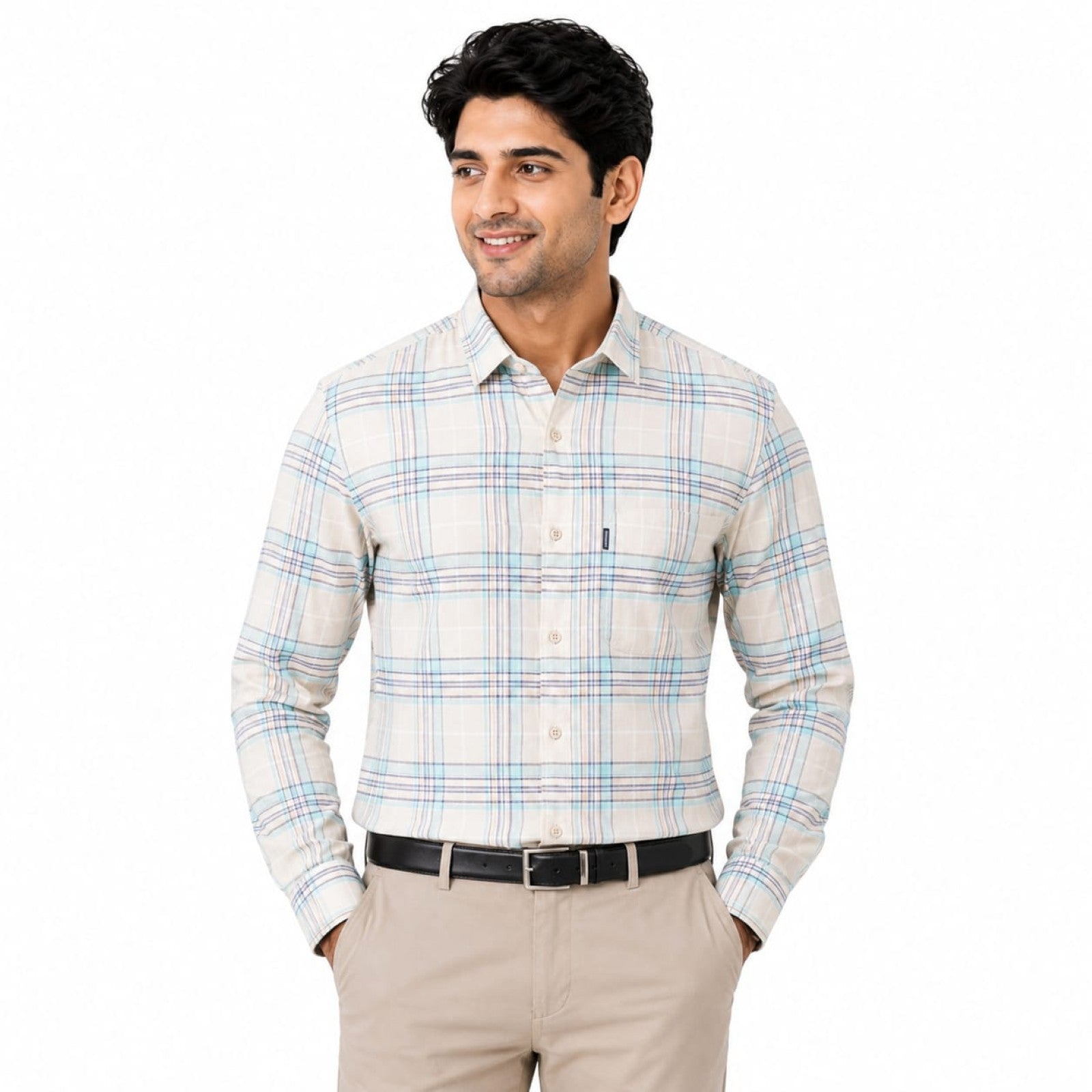 Men's White & Sky Blue Check Formal Shirt