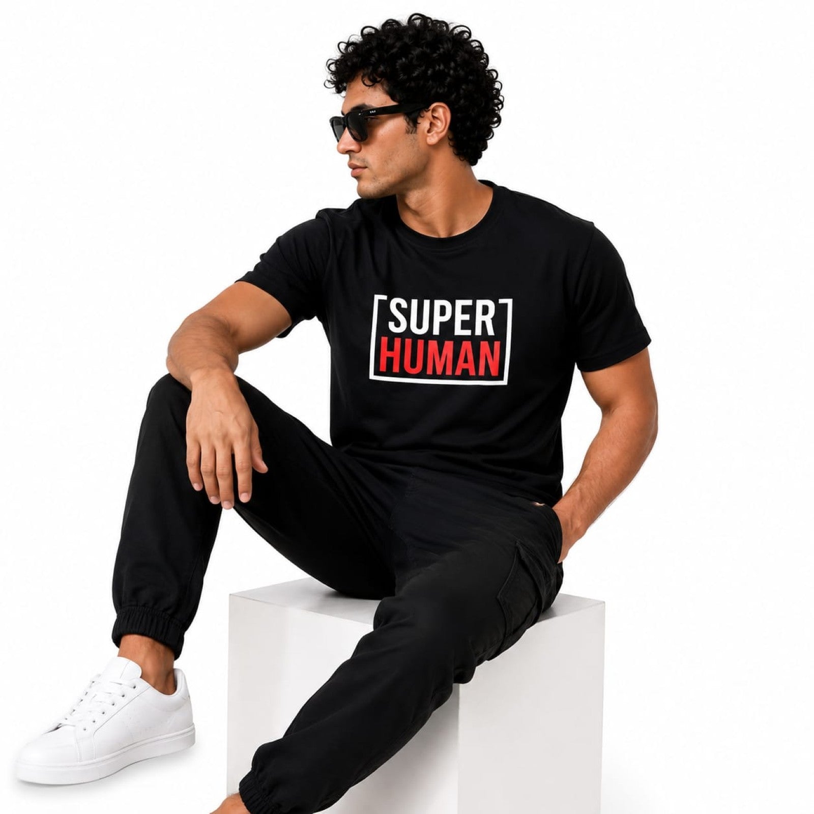 Men's Jet Black Super Human Graphic Casual T-Shirt