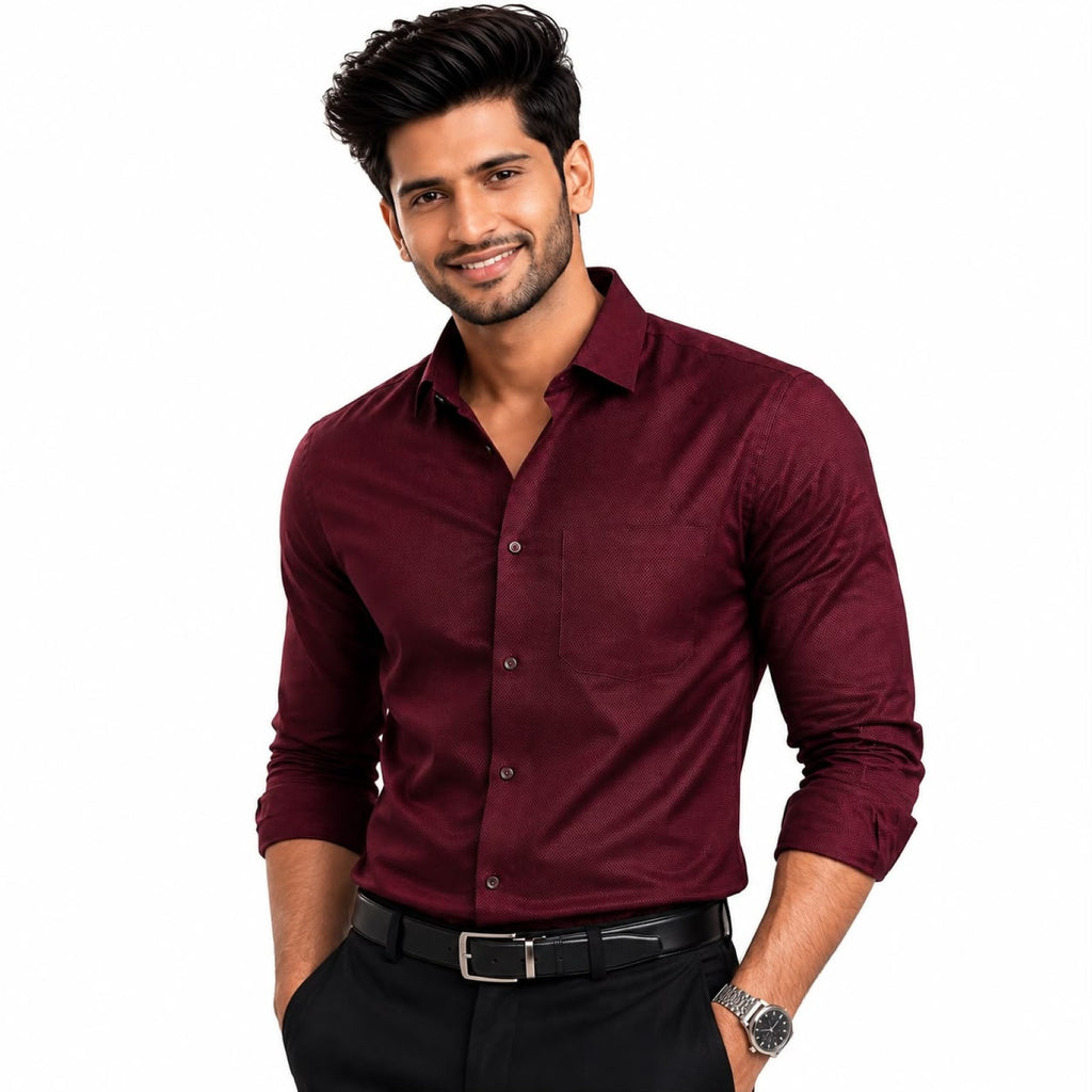 Men's Burgundy Micro Pattern Formal Shirt