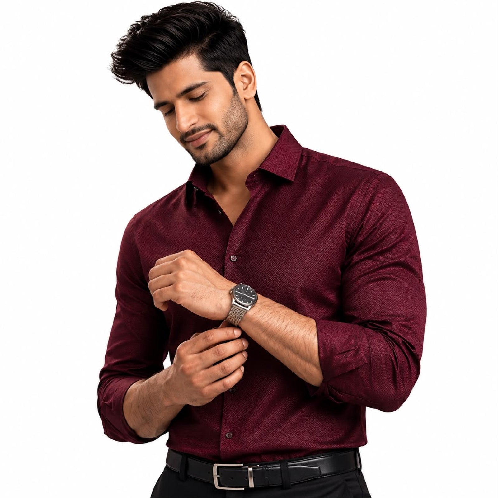 Men's Burgundy Micro Pattern Formal Shirt