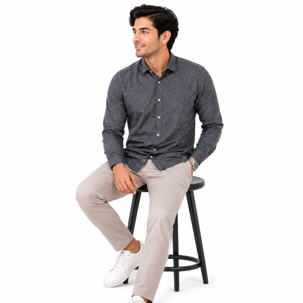 Men's Blue Printed Full Sleeve Casual Shirt