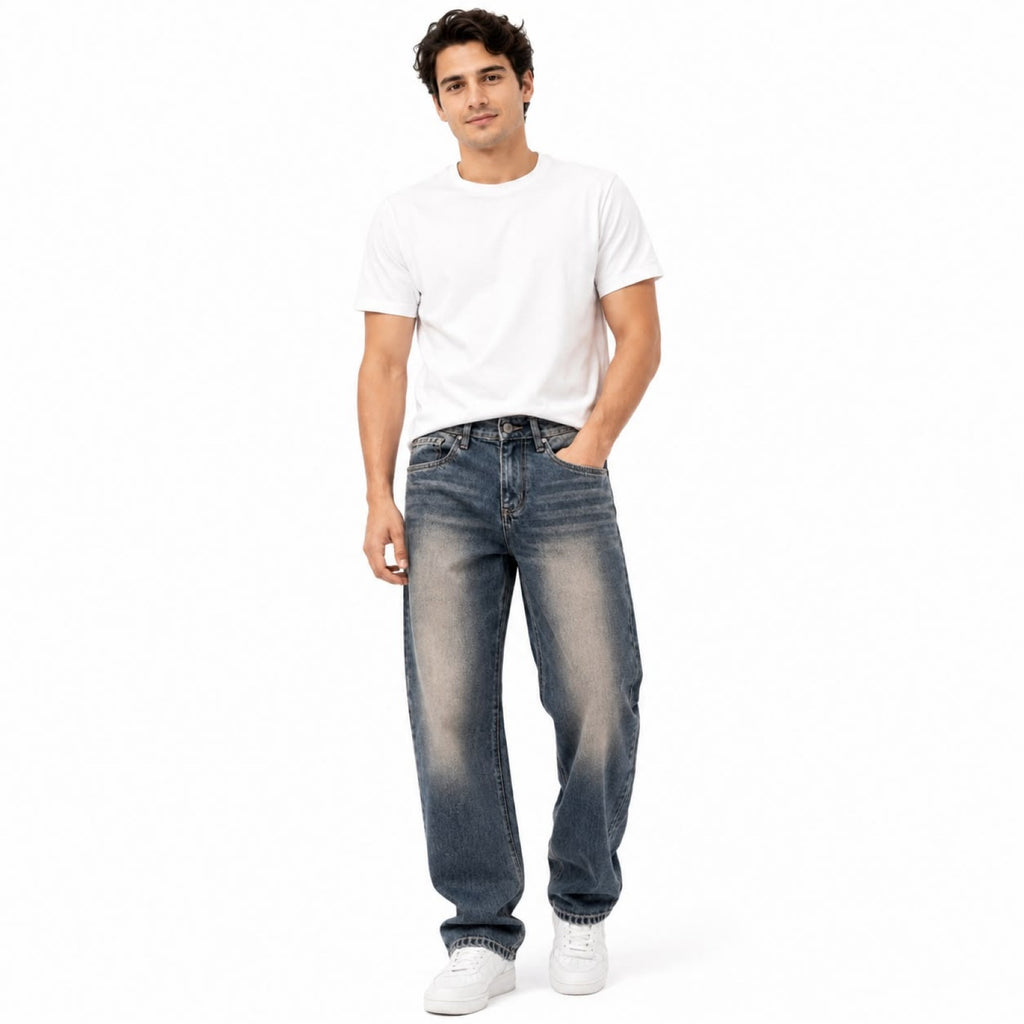Men's Blue Washed Straight Fit Denim Jeans