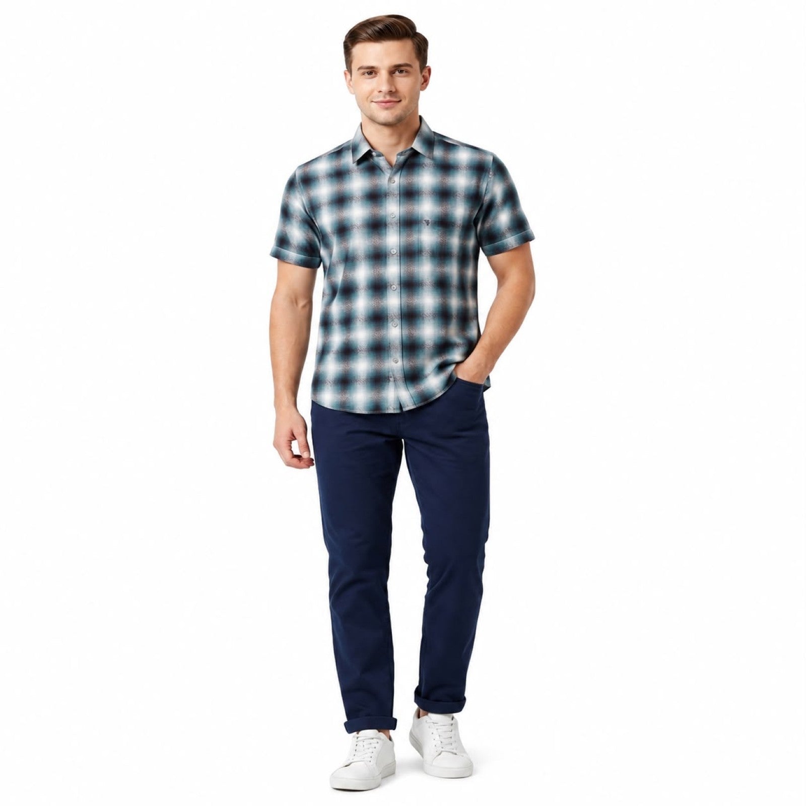 Men's Blue Checked Casual Half Sleeve Shirt