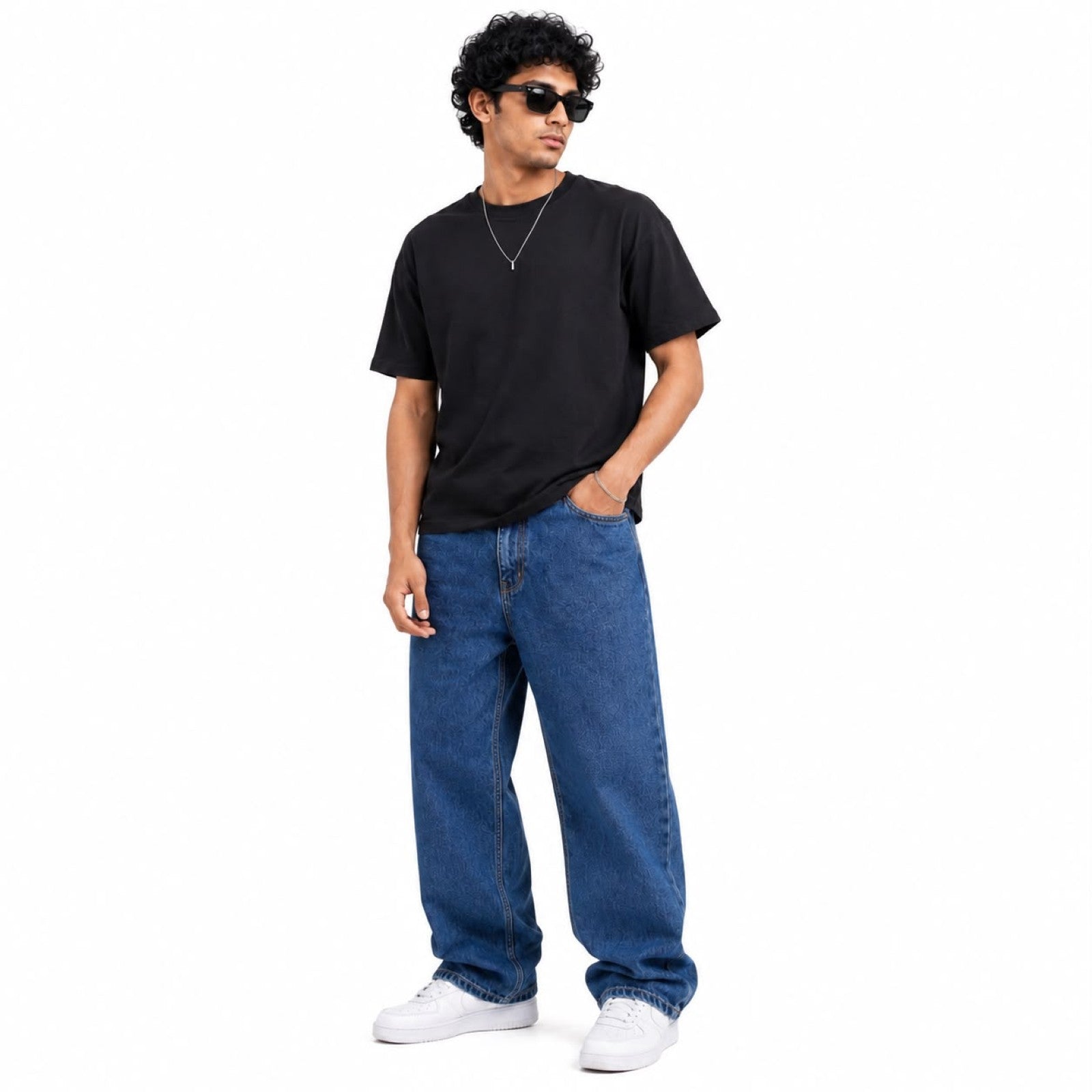 Men's Blue Baggy Fit Washed Denim Jeans