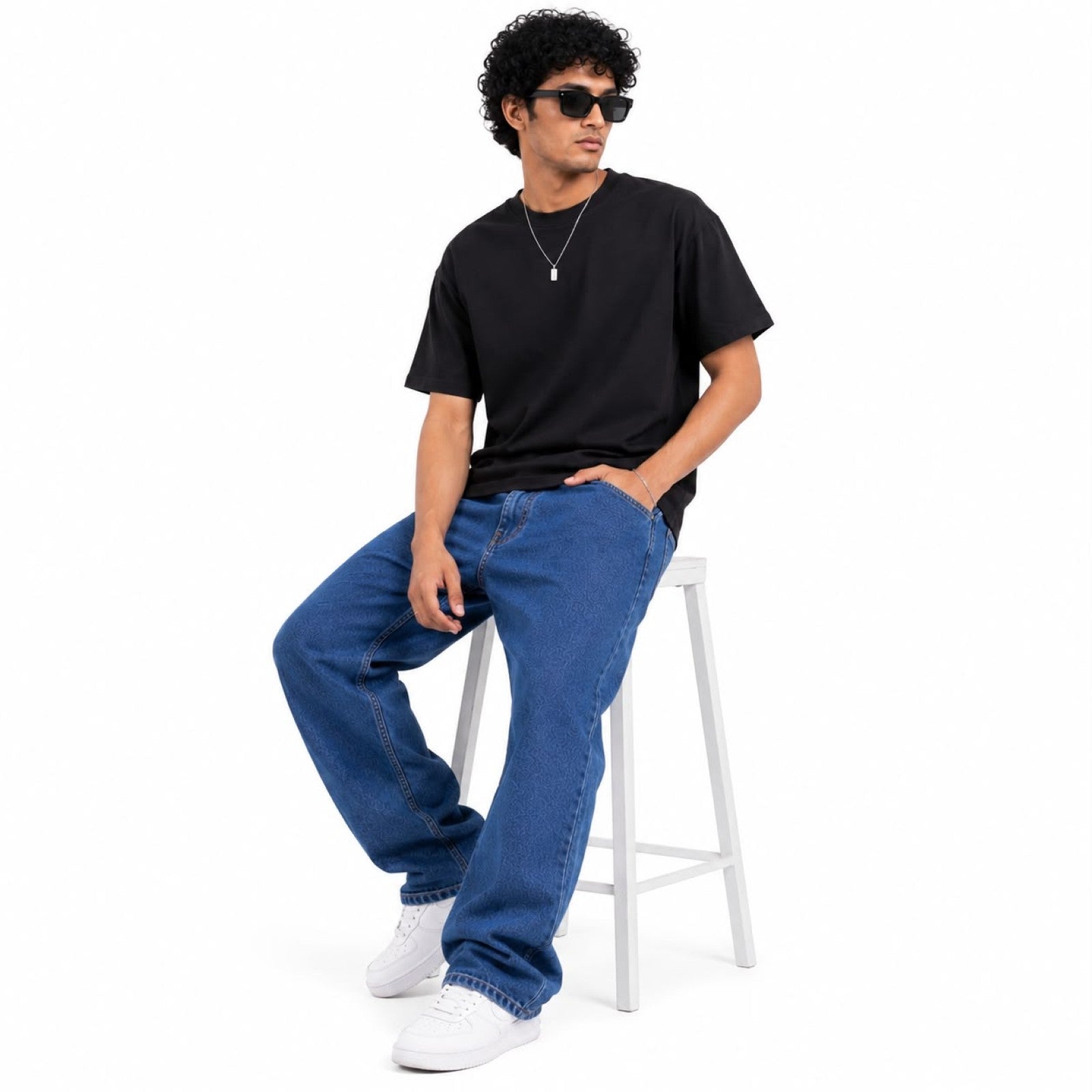 Men's Blue Baggy Fit Washed Denim Jeans
