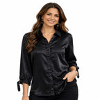 Elegant Black Satin Formal Shirt For Women