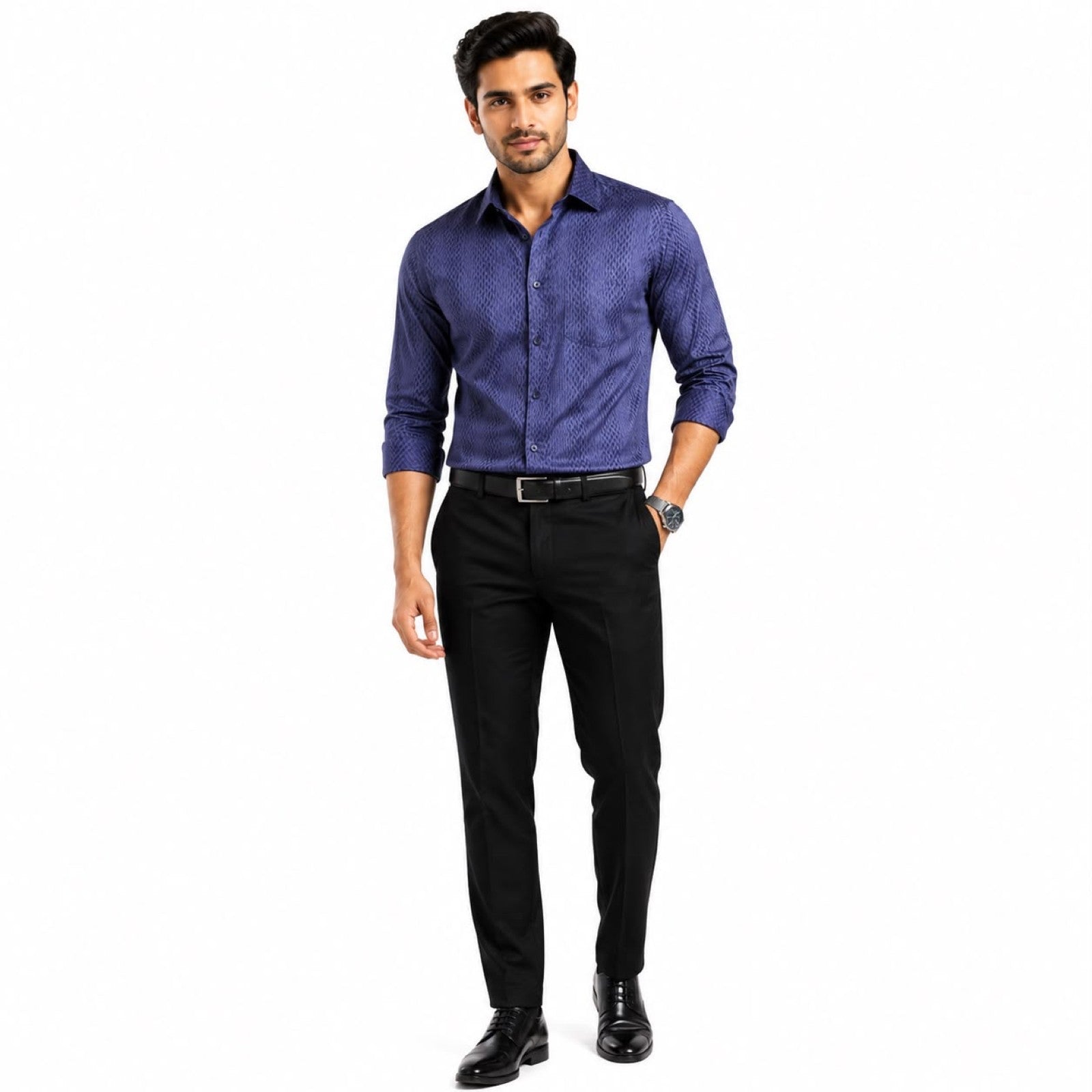 Men's Dark Blue Geometrical Pattern Formal Shirt