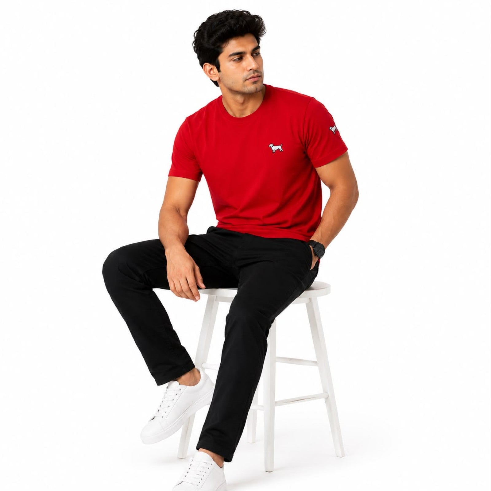 Men's Scarlet Red Minimal Embroidered Casual T-Shirt