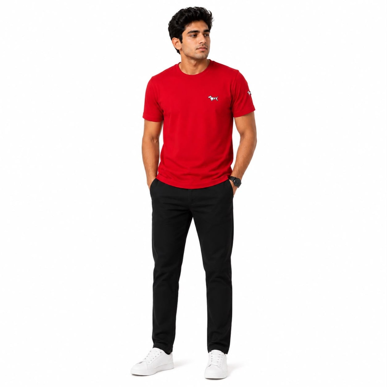 Men's Scarlet Red Minimal Embroidered Casual T-Shirt