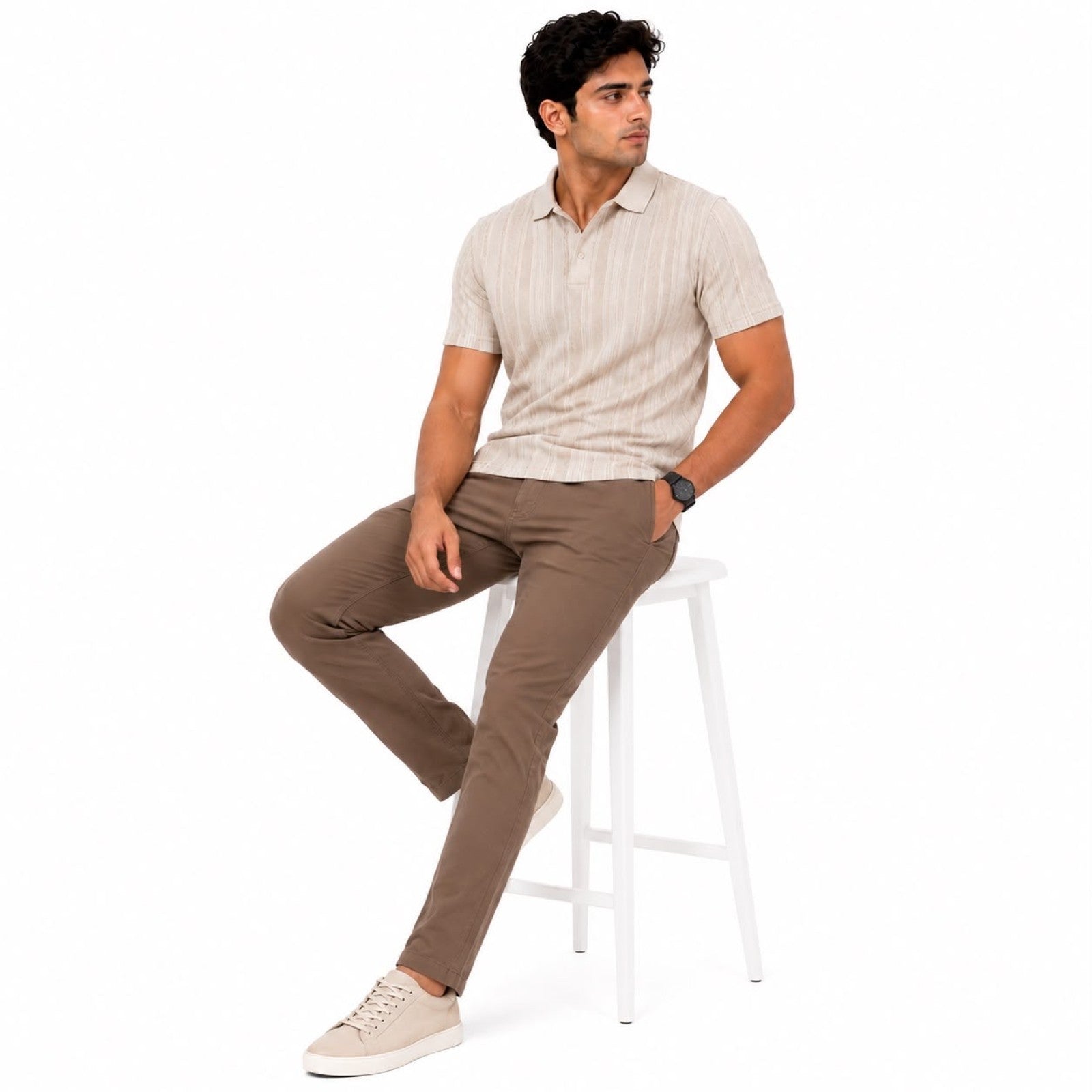 Men's Sand Beige Textured Polo T-Shirt