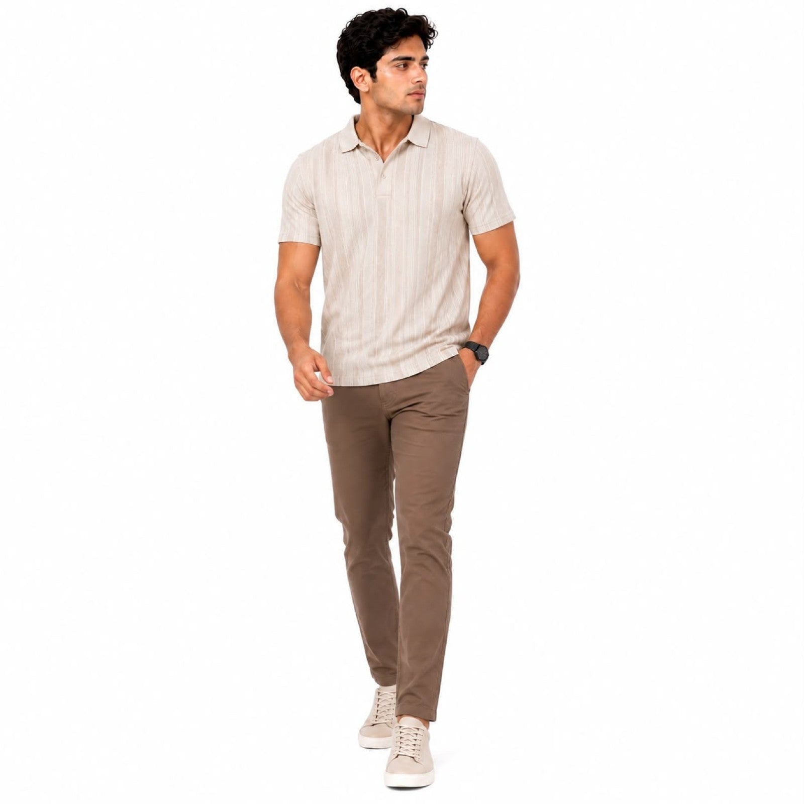 Men's Sand Beige Textured Polo T-Shirt