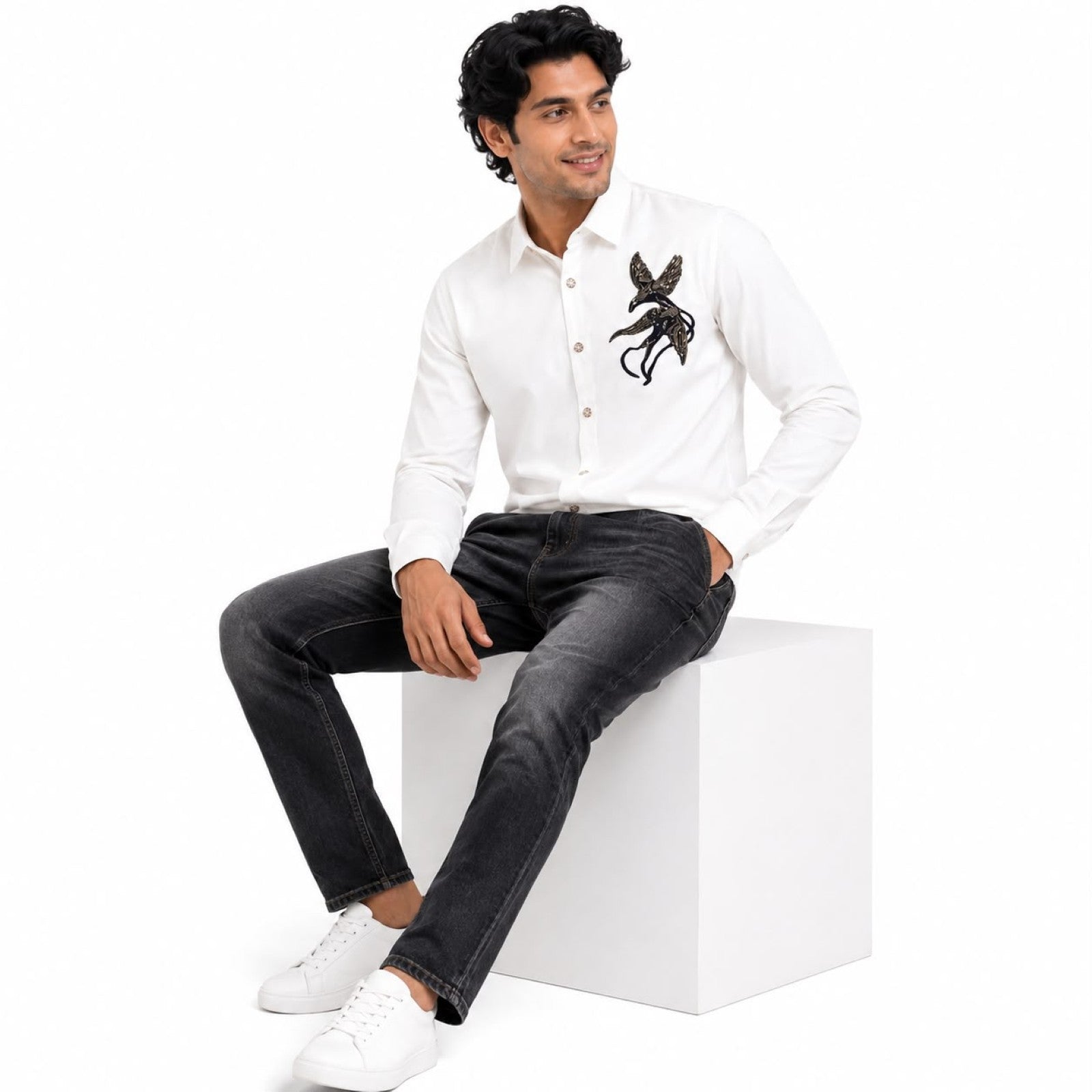 Men's White Embellished Formal Shirt