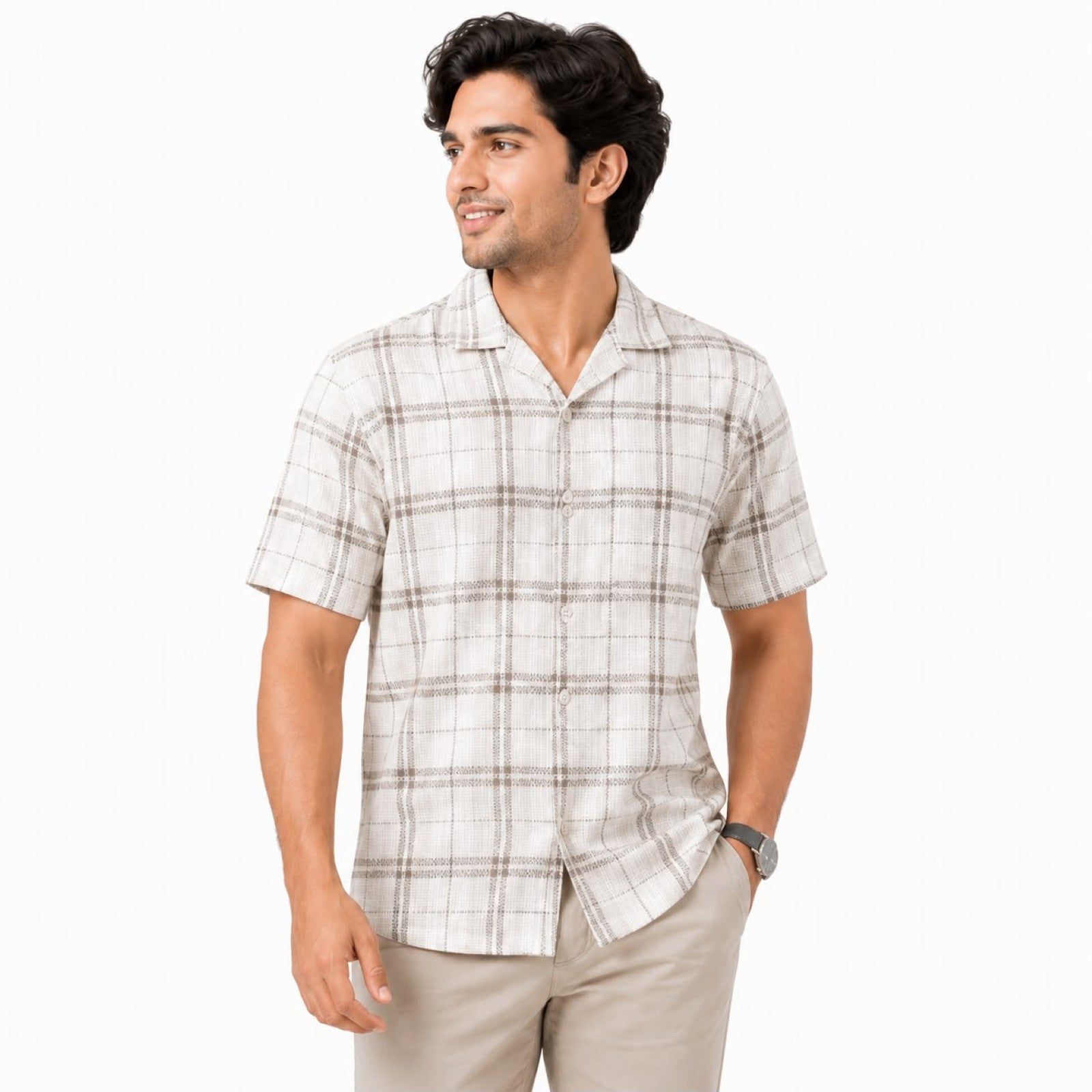 Men's Light Brown Checked Half Sleeve Casual Shirt