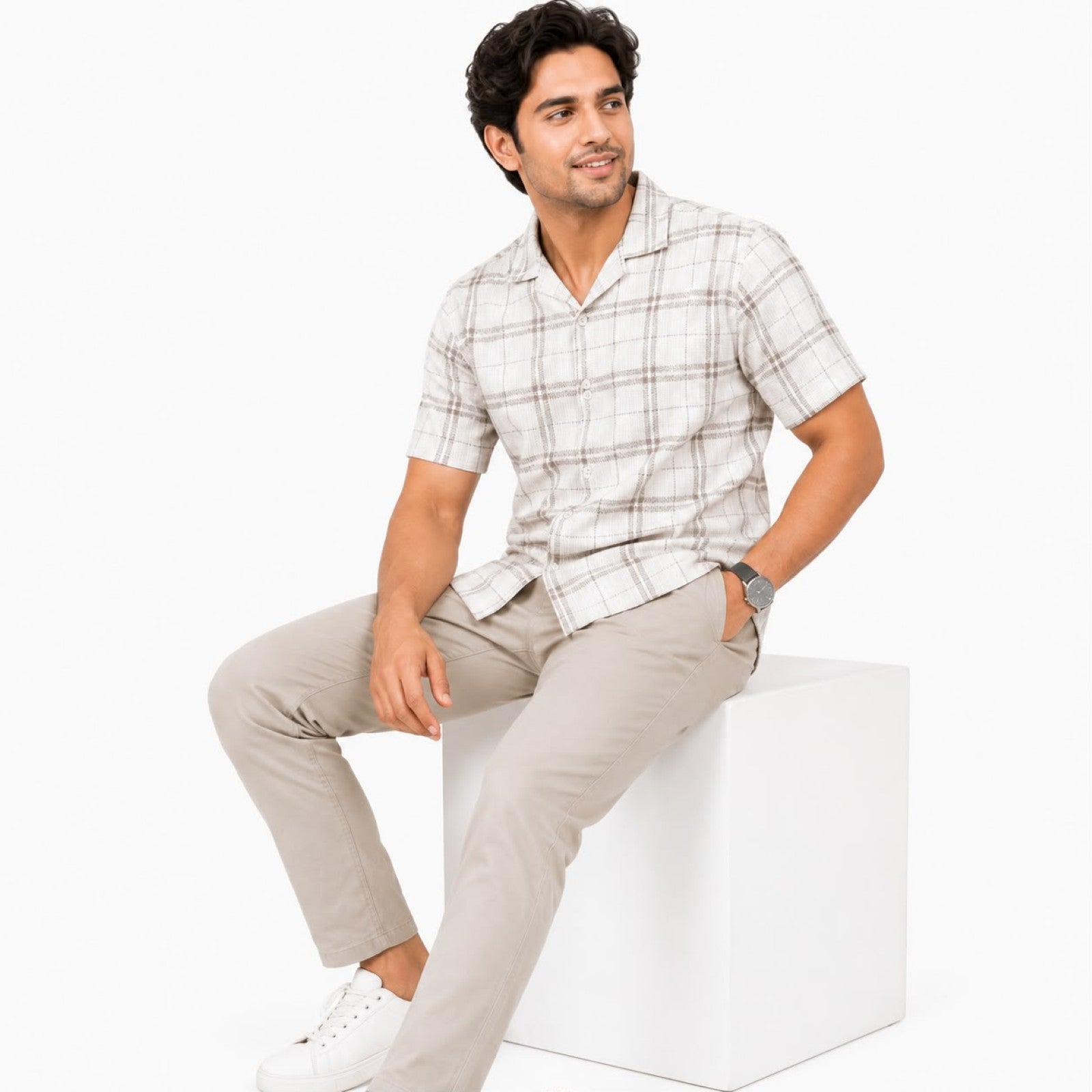 Men's Light Brown Checked Half Sleeve Casual Shirt