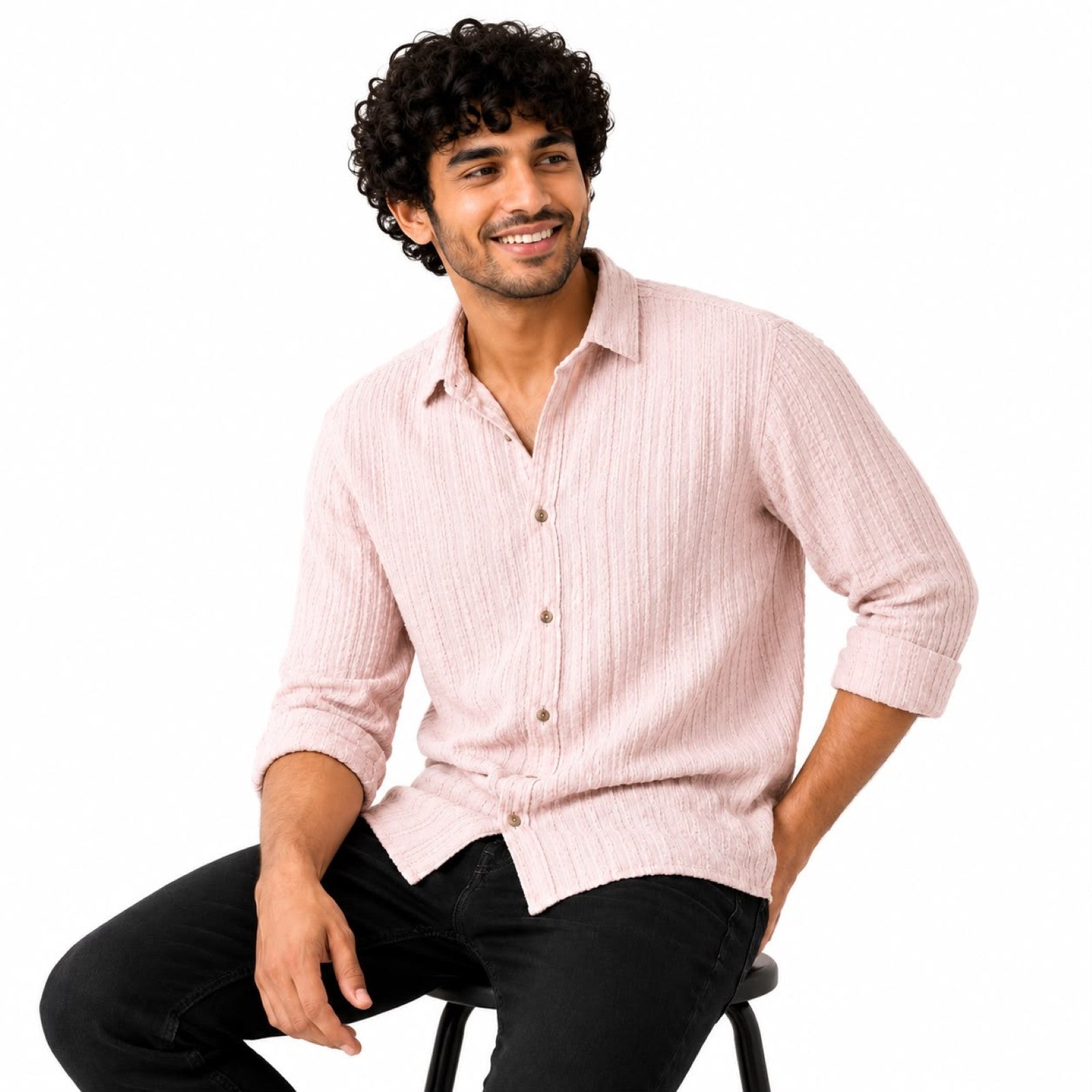 Men's Peach Textured Casual Cotton Shirt