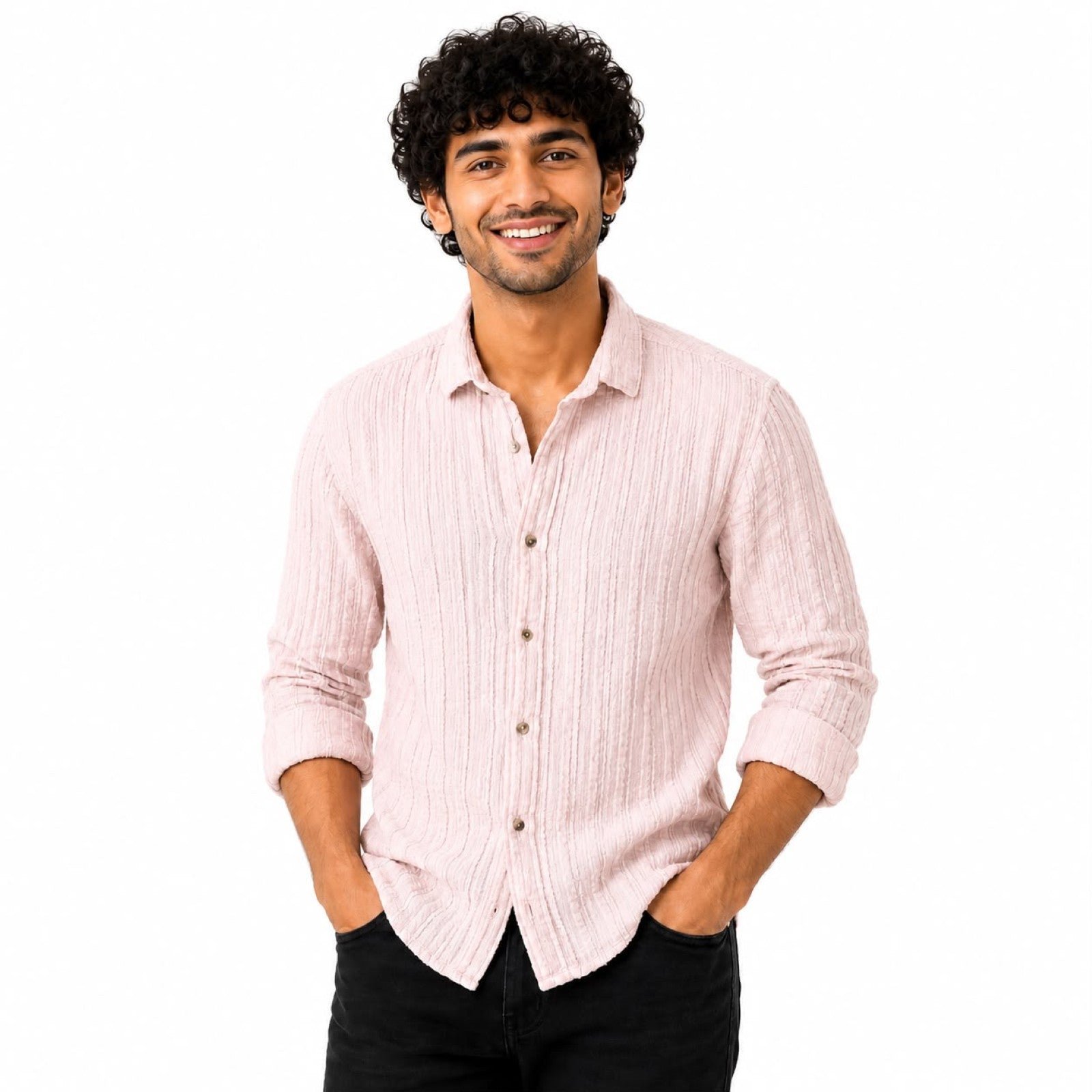 Men's Peach Textured Casual Cotton Shirt