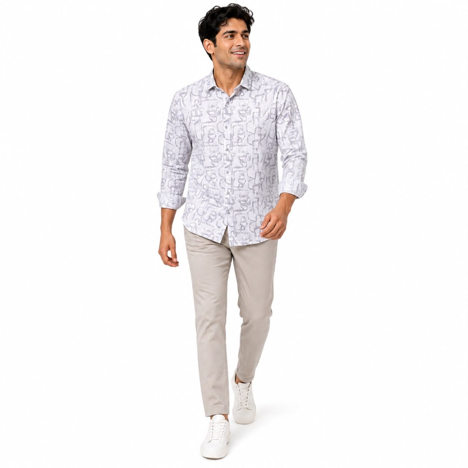Men's White Abstract Line Print Casual Shirt