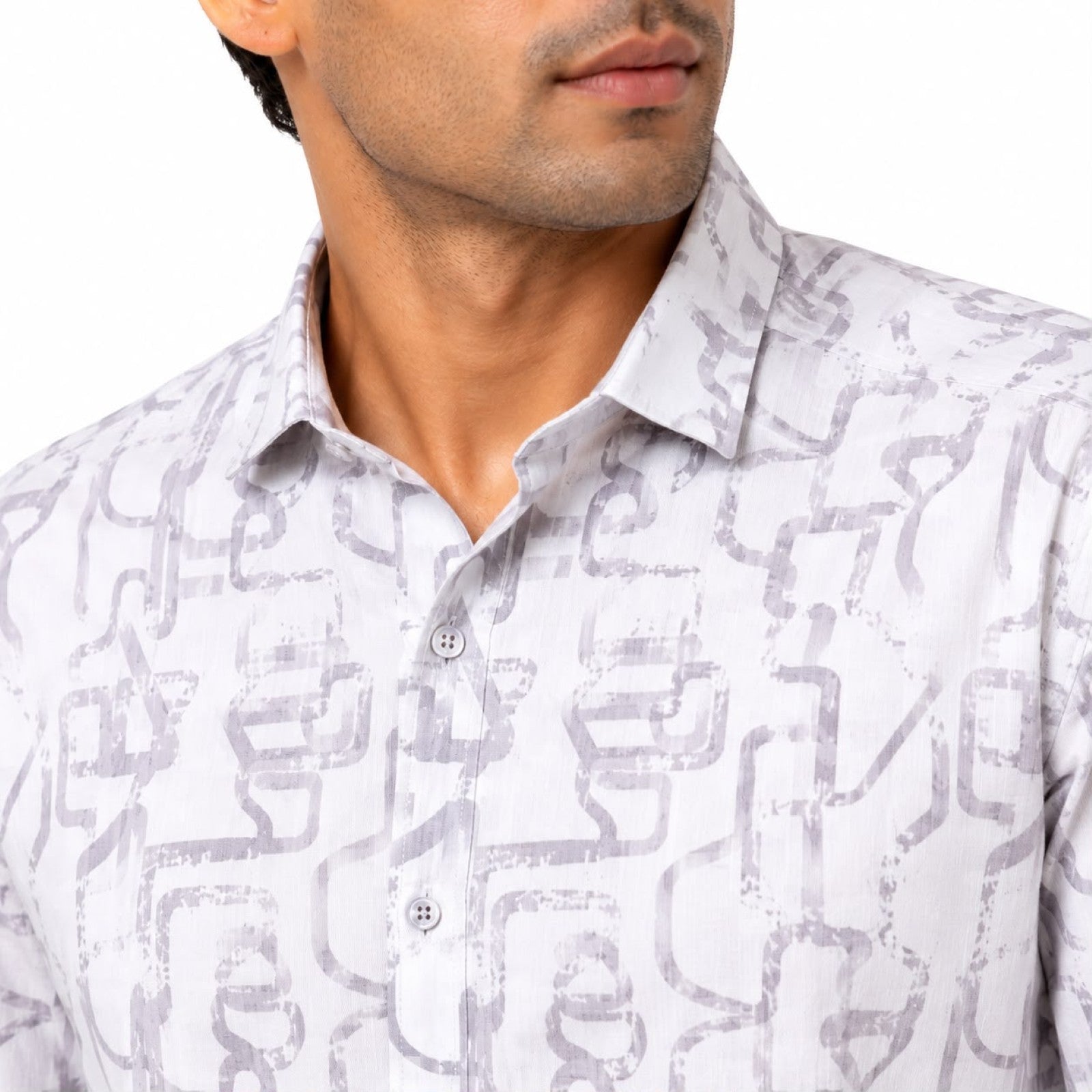 Men's White Abstract Line Print Casual Shirt