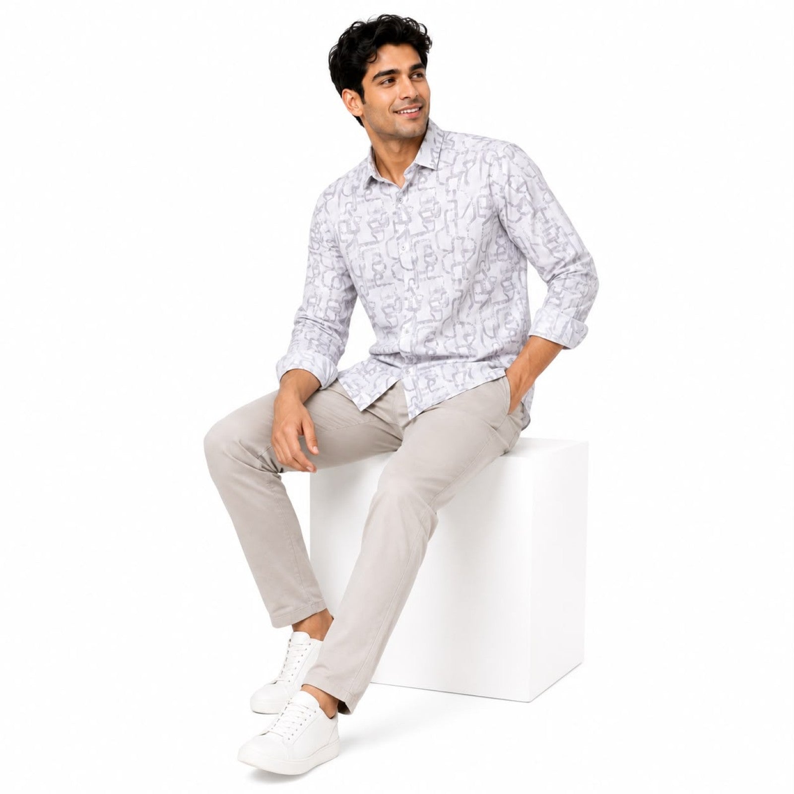 Men's White Abstract Line Print Casual Shirt