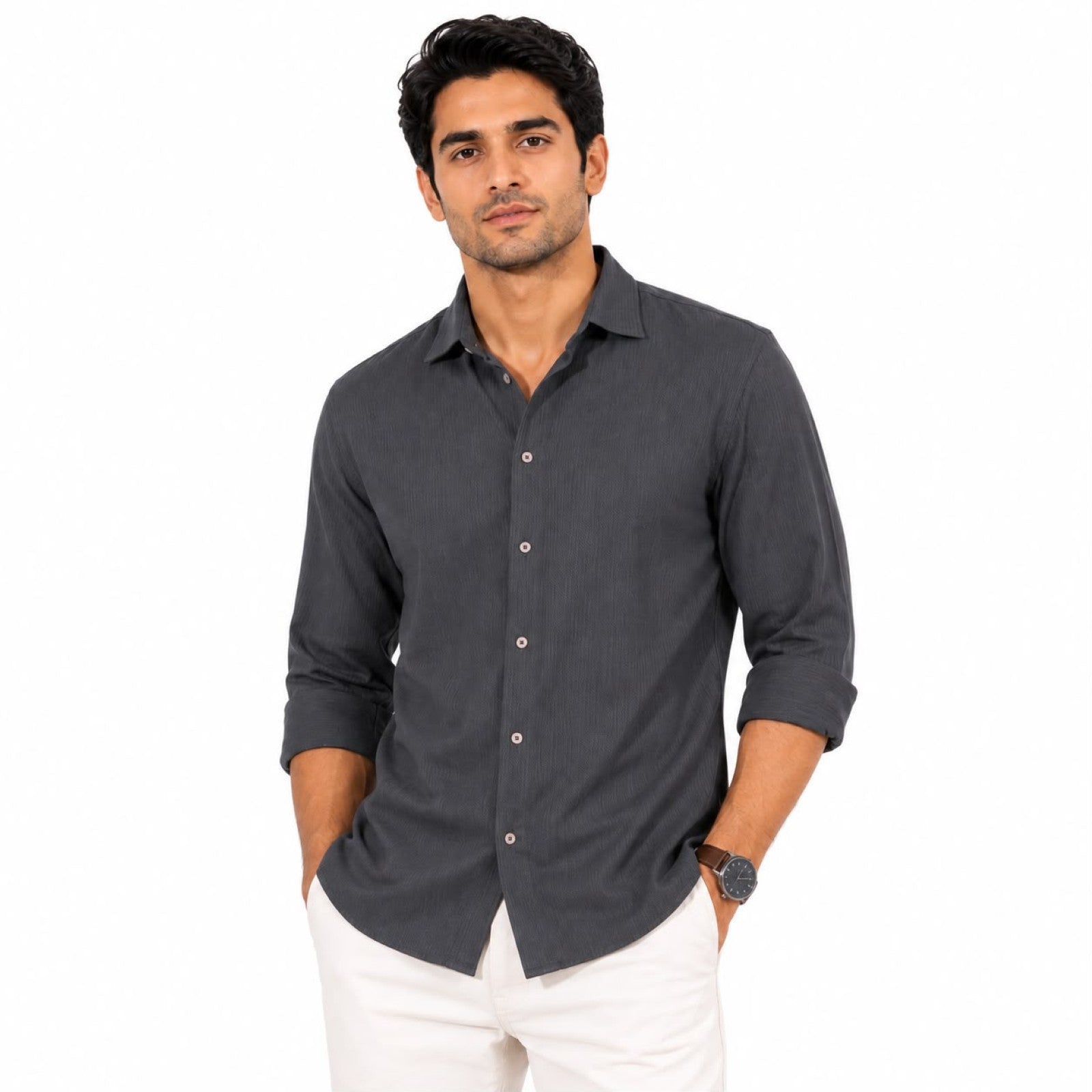 Men's Solid Grey Casual Full Sleeve Shirt
