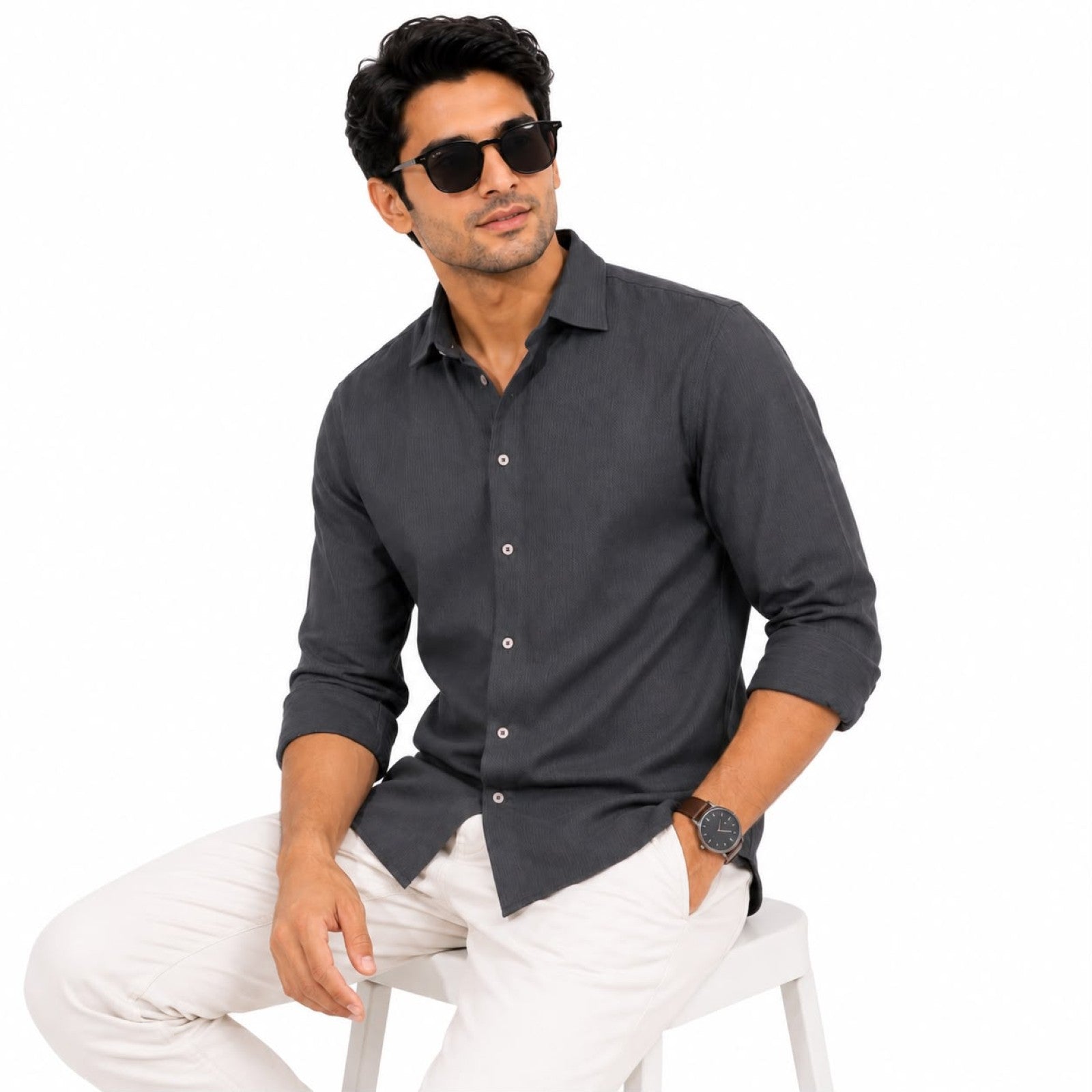 Men's Solid Grey Casual Full Sleeve Shirt